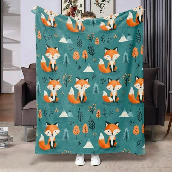 Whimsical Fox Print Flannel Blanket – Soft & Cozy Plush Throw with Vibrant Teal Background, All-Season Comfort for Bed, Sofa & Chair, Perfect Gift for Kids & Adults