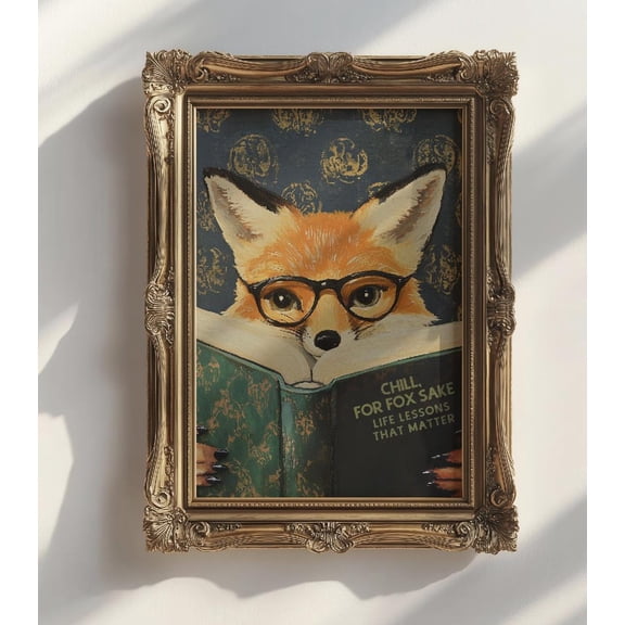 Whimsical Fox Reading Art Print Literary Animal Wall Decor, Unframed Paper Print Size 16x24