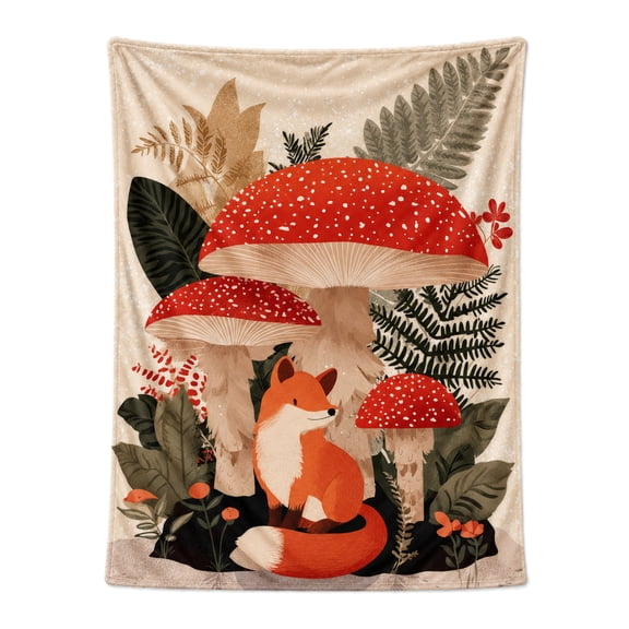 Whimsical Fox and Mushroom Throw Blanket, Goblincore Forest Fantasy Art Soft Flannel Fleece Decor Gift 50x40