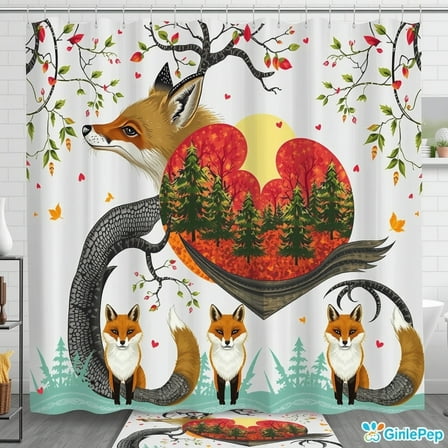 Whimsical Foxes Shower Curtain with Heart-Shaped Woodland Scene