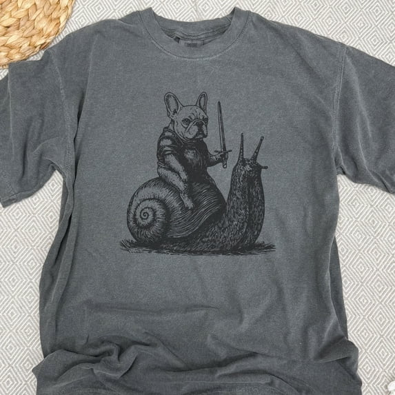 Whimsical French Bulldog Knight Riding Snail T-Shirt - Comfort Colors for Fun Meme Dog Lovers