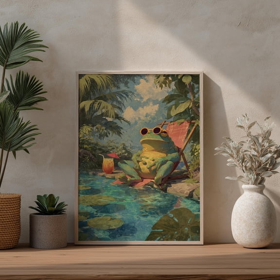 Whimsical Frog Art Print, Relaxing Tropical Pond Scene UNFRAMED Poster, Wall Art for Decor, Present, 8x12
