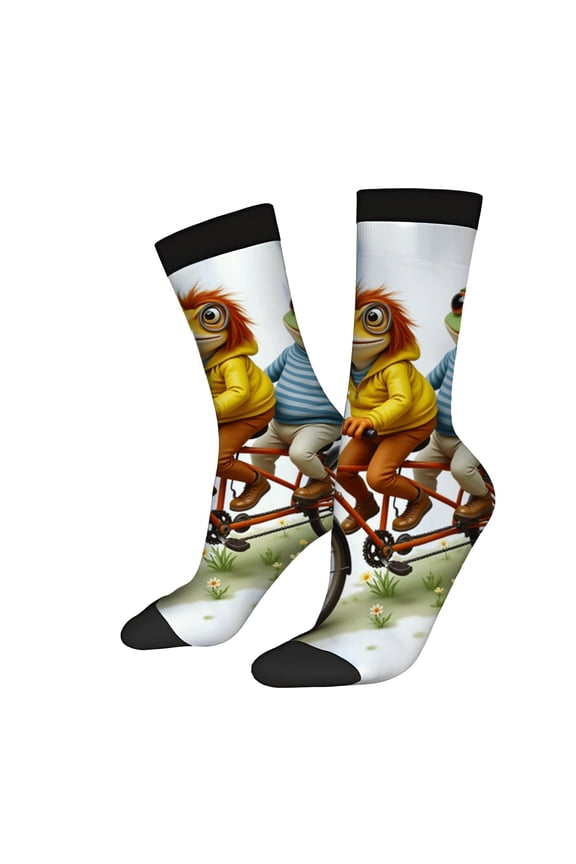 Whimsical Frog Bicycle Socks - 2 Pairs of Colorful Unisex Trendy Socks with Playful Outdoor Design and Black Trim