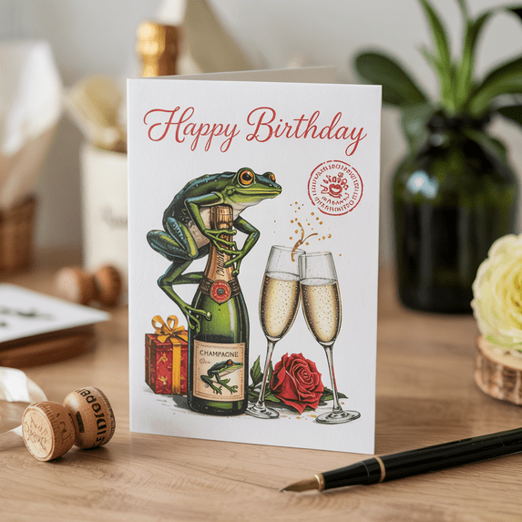 Whimsical Frog Birthday Greeting Card - Illustrated Charm with Champagne & Roses - Perfect for Celebrations