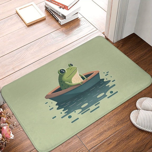 Whimsical Frog in Boat Design Non-Slip Machine Washable Doormat - Rectangular Entryway Bath Mat for Bathroom, Kitchen, Front Door, Lightweight Home Decor Mat with Playful Adventure Theme, Bath Mat