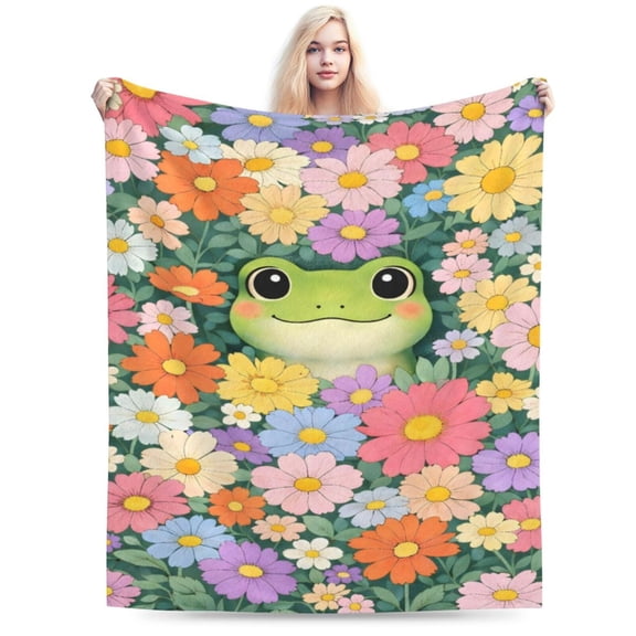 Whimsical Frog Floral Throw Blanket, Soft Flannel Fleece Decorative Blanket with Colorful Flower Pattern for Sofa Couch Bed 50x40