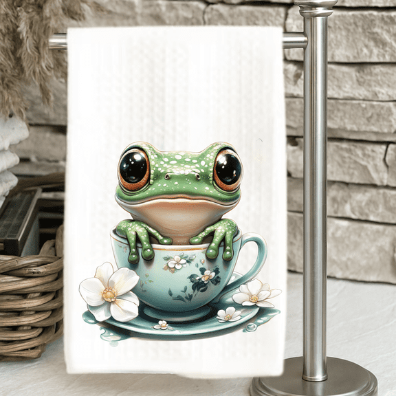 Whimsical Frog In Teacup Kitchen Dish Towel 16x24 Waffle Weave