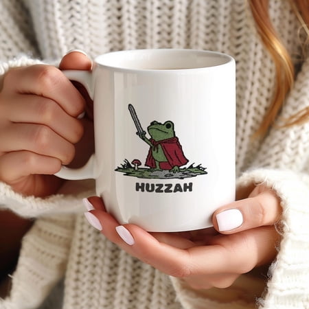Huzzah Frog with Sword Mug, Medieval Meme Coffee Cup, Whimsical Knight Design