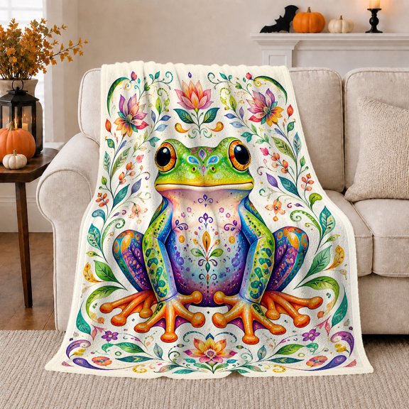 Whimsical Frog Mandala, Festive Botanical Garden Scene, Warm Flannel Blanket for Sunroom and Reading Nook, Garden Lovers Housewarming Gift, Botanical Home Decor