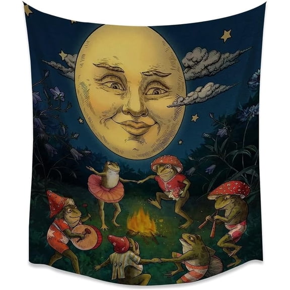 Whimsical Frog Moon Dance Tapestry Vintage Storybook Night Scene Wall Hanging Boho Fairy Garden Decor 30 x 40 Inch