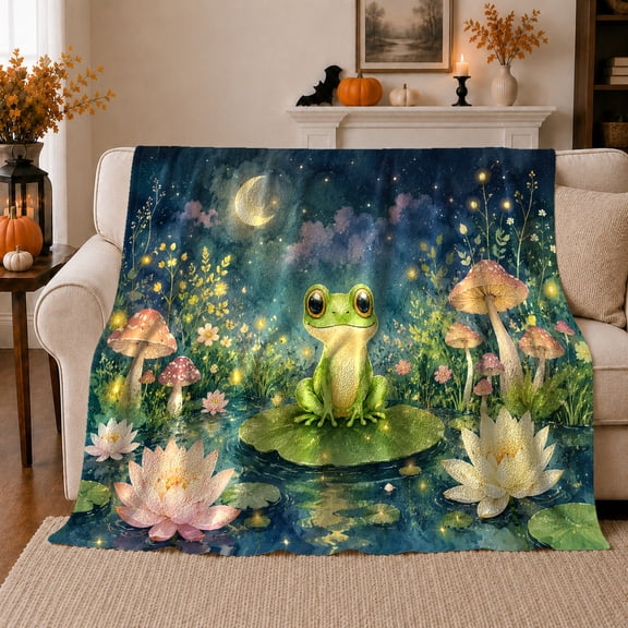 Whimsical Frog Pond Moonlit Night Storybook, Peaceful Woodland Scene, Warm Flannel Blanket for Cabin and Lodge, Celestial Art Lovers Housewarming Gift, Fantasy Home Decor