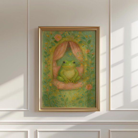Whimsical Frog Portrait Botanical Nook Unframed Paper Print
