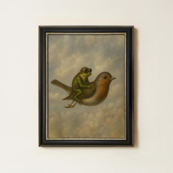 Whimsical Frog Riding Bird Wall Art Print For Fantasy Animal Decor