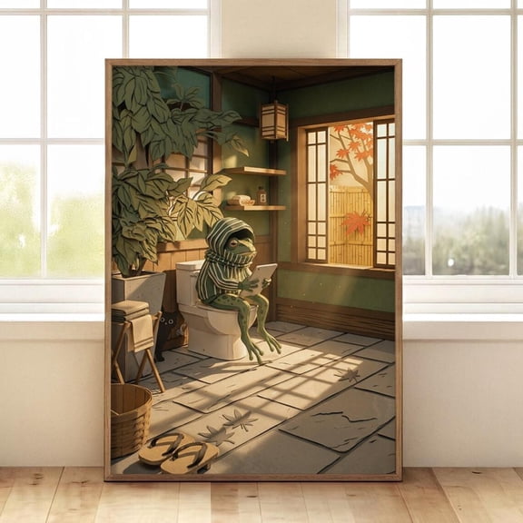 Whimsical Frog Toilet Art Japanese Humorous Poster Unframed Paper Print