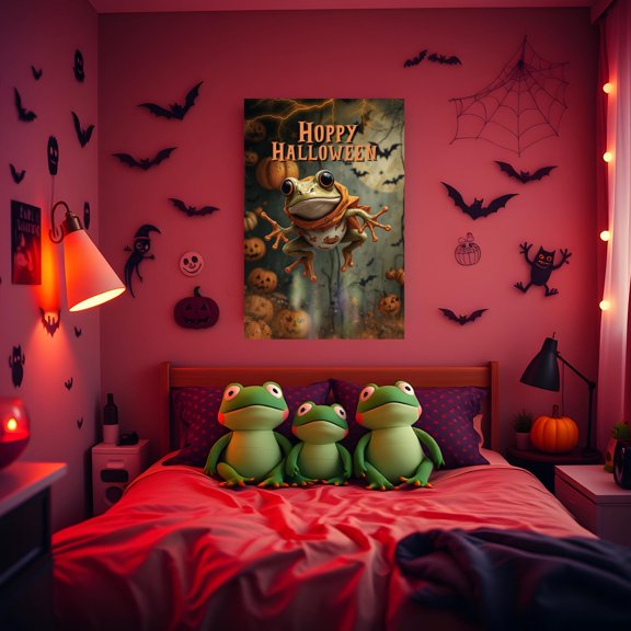 Whimsical Frog Witch Halloween Wall Art Spooky Amphibian Pumpkin Poster For Autumn, Poster Only