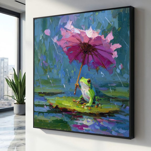 Whimsical Frog With Umbrella Rainy Day Nature Art Colorful Amphibian Wall Decor Playful Frog Illustration Home Decoration
