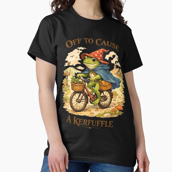 Whimsical Frog Wizard Riding Bicycle 'Off To Cause A Kerfuffle' T-Shirt | Cute Fantasy Animal Tee H3421, for Unisex, Up to Size 5XL