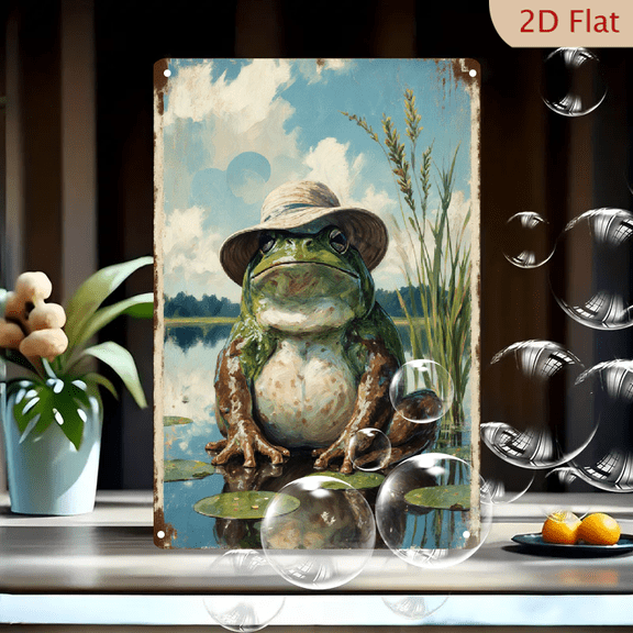 Whimsical Frog in Hat on Lily Pad 8x12 Inches Vintage Style Tin Sign, Serene Pond Art with Blue Sky and Reeds, Nostalgic Wall Decor for Home