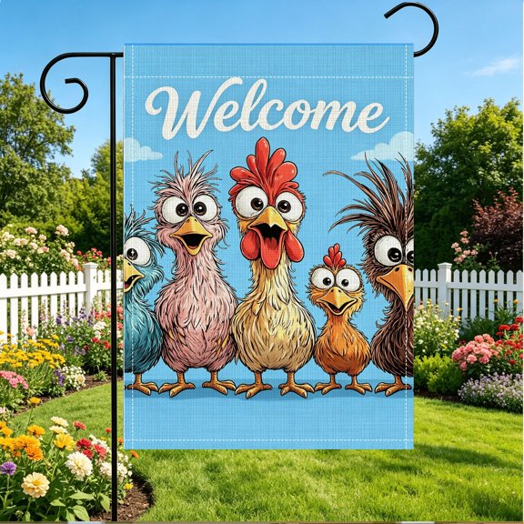 Whimsical Funny Farm Chicken Welcome Double Sided 2D Garden Flag, 12x18 Inch, Yard Spring Party Decor Gift, No Flagpole