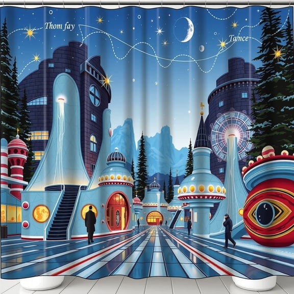 Whimsical Futuristic City Shower Curtain - Art & Space-Age Design, Vibrant Colorsfor Modern Bathrooms!