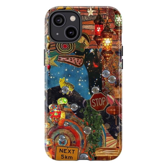 Whimsical Galaxy Road Trip Phone Case, Dreamy Hot Air Balloons, Stars, Street Signs & Lantern Collage, Fits iPhone 16 15 14 13 12 11 Pro Max Mini