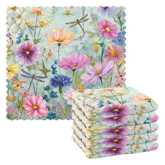 Whimsical Garden Blooms Kitchen Dish Cloths 6 Pack Super Absorbent and Streak-Free for Dishes, Car & Home 1111in