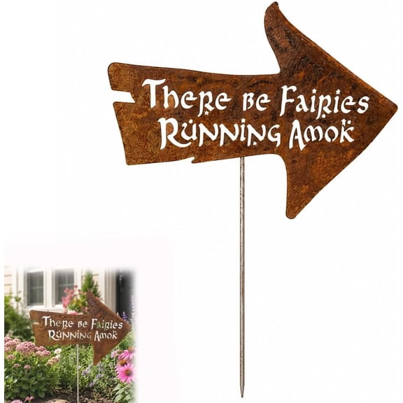 Whimsical Garden Decor with Rustic Rusted Arrow, Fairy Garden Decor for Indoor Outdoor Use, Funny Warning Plaque Home Farmhouse for Fairy Lovers