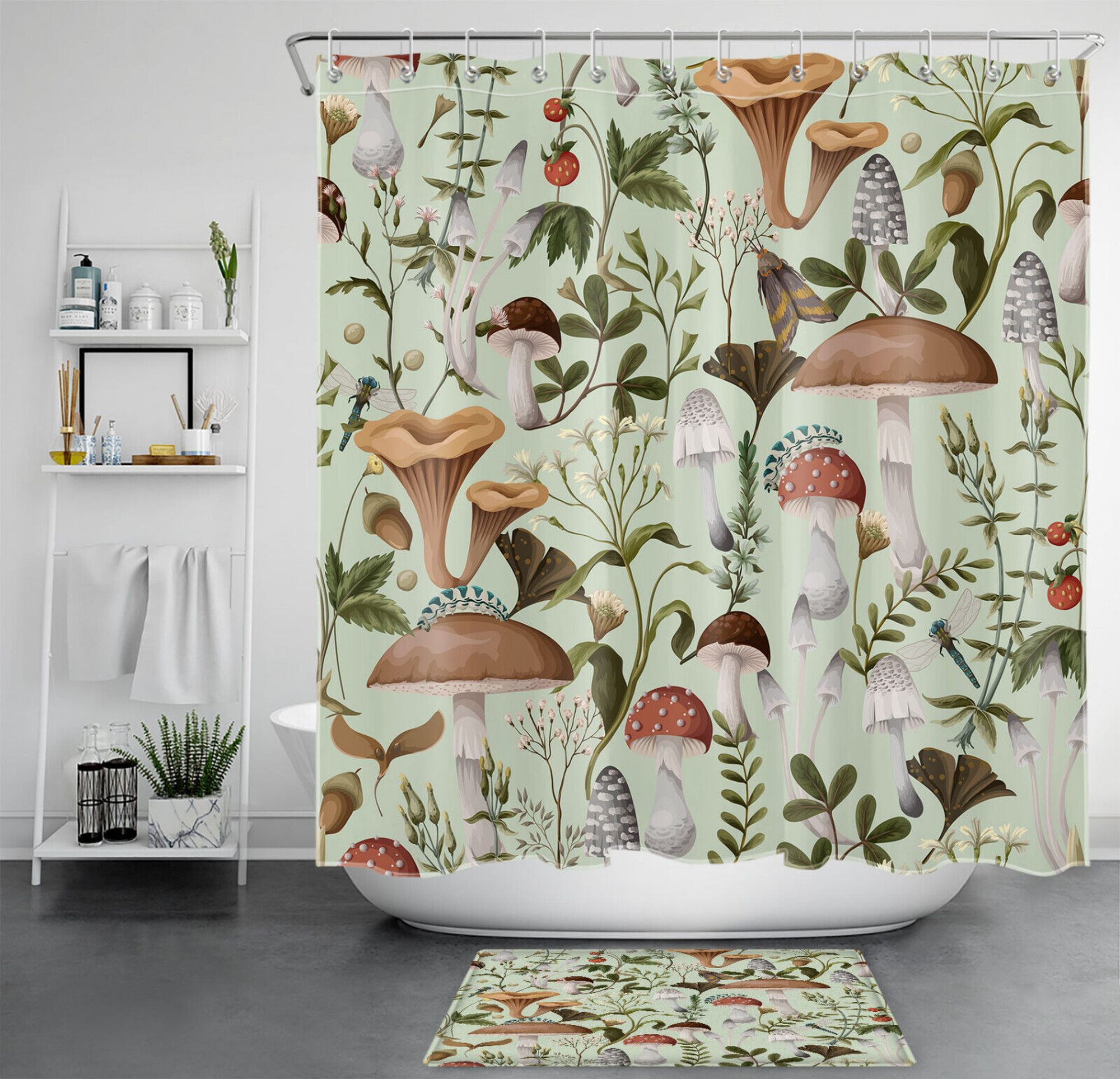 Whimsical Garden Delight Shower Curtain Dragonflies and Mushrooms in