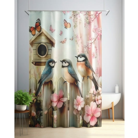 Whimsical Garden Scene with Birds, Butterflies and Wood Fence Digital Shower Curtain Polyester Bathroom Decor with 12 Hooks