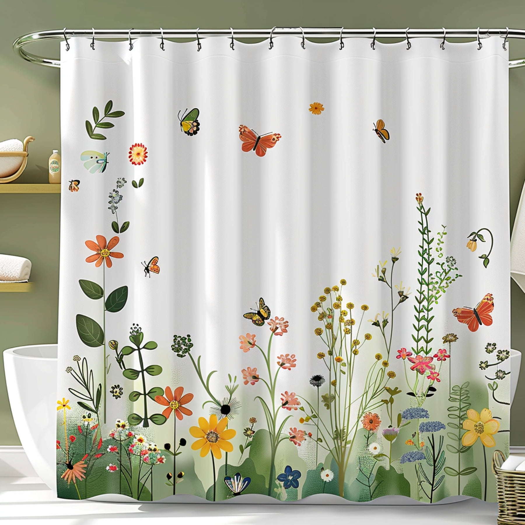 Whimsical Garden Shower Curtain Cute Cartoon Flowers Butterflies Bees ...