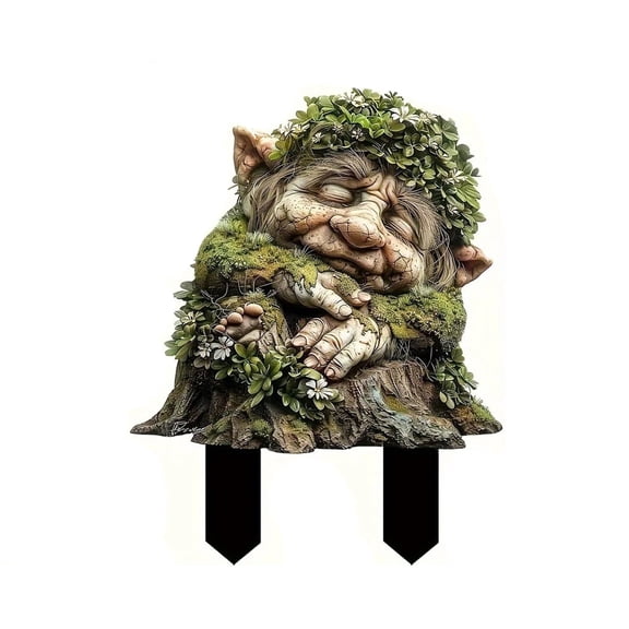 Whimsical Garden Troll Statue with Leafy Details, Weather-Resistant Resin Yard Art, Unique Outdoor Lawn Ornament for Home Decor, Tree Stump Design, Fantasy-Inspired Sculpture, 12 Inches Tall