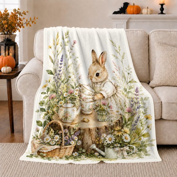 Whimsical Garden decorative motif Party Rabbit Watercolor Illustration, Playful Food Art Scene, Warm Flannel Blanket for Kitchen and Dining Room, Food Lovers Birthday Gift, Playful Home Decor