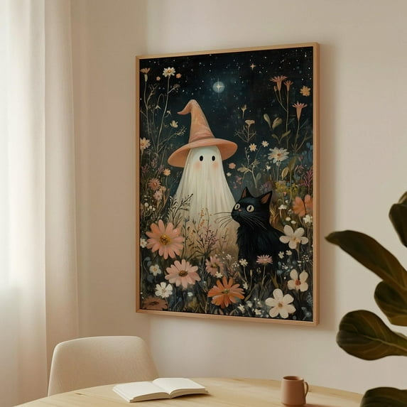 Whimsical Ghost And Black Cat In Enchanted Wildflower Garden - Magical Cottagecore Wall Art Print Wall Art, Modern Wall Decor, 12x18 UNFRAMED