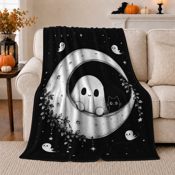 Whimsical Ghost Cat Crescent Moon Night Sky, Playful Pet Portrait Pattern, Warm Flannel Blanket for Living Room and Bedroom, Cat Lovers Halloween Gift, Pet Lover Home Decor