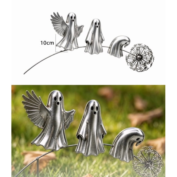 Whimsical Ghost & Dandelion Garden Stakes for Lawn, Patio, Walkway Laser-Cut Iron Outdoor Decor with Rust-Resistant Silver Finish