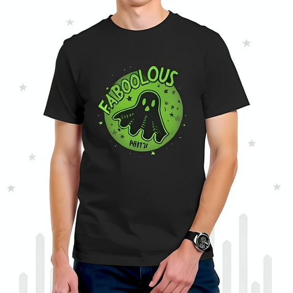 Whimsical Ghost Graphic Cotton Short Sleeve T-Shirt with Playful Stars & 'FABOLOUS' Print - Trendy Casual Wear