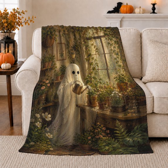 Whimsical Ghost Greenhouse Scene Lush Plants Cottagecore, Festive Halloween Scene, Warm Flannel Blanket for Sunroom and Reading Nook, Art Lovers Halloween Gift, Rustic Home Decor