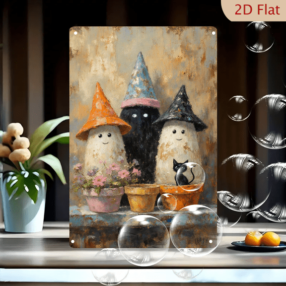 Whimsical Ghost Trio Painting on Metal, 8x12 Inches, Cute Black and White Spirits with Witch Hats in Garden, Cozy Fantasy Wall Art for Home Decor
