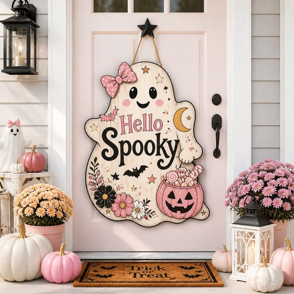 Whimsical Ghost Wooden Door Sign for Halloween Entryway Decor