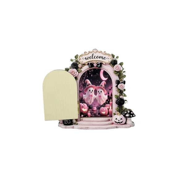 Whimsical Ghost Wooden Tile,Pink & Black Motif for Bookshelf or Desk – Eco-Friendly Water-Based Paint,Edges Ideal for Themed Gift Giving
