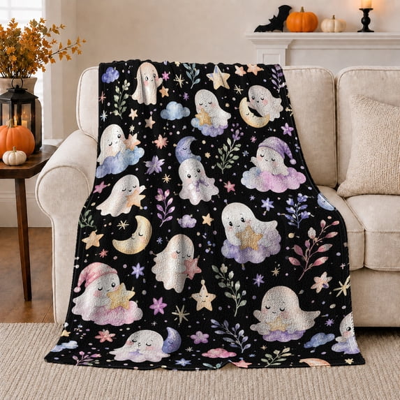 Whimsical Ghostly Celestial Garden Scene Flannel Blanket, Spooky-Cute Halloween Gift for Teens, Soft Cozy Home Decor for Bedroom and Living Room
