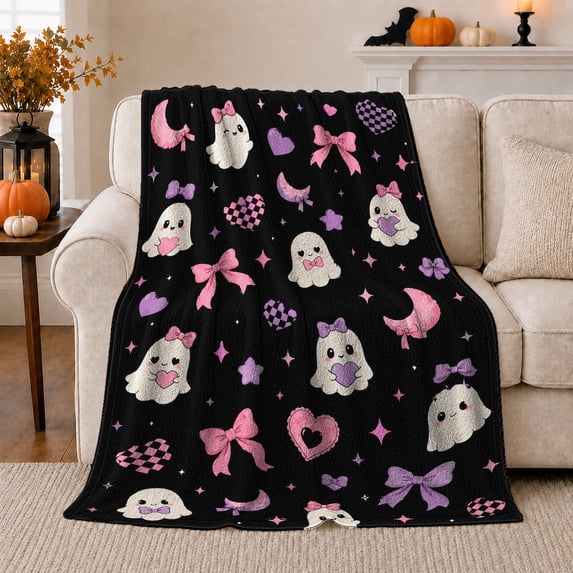 Whimsical Ghosts Bows Hearts Black, Playful Halloween Scene, Warm Flannel Blanket for Home Library and Reading Nook, Art Lovers Halloween Gift, Playful Home Decor