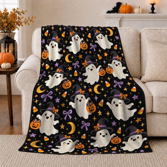 Whimsical Ghosts Jack-O-Lanterns, Festive autumn celebration Scene, Warm Flannel Blanket for Living Room and Family Room with Detailed Artwork, Art Lovers autumn celebration Gift, Festive Home Decor
