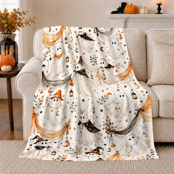 Whimsical Ghosts fantasy character Hats autumn celebration, Warm Flannel Blanket for Living Room and Family Room, Festive autumn celebration Scene, Art Lovers autumn celebration Gift