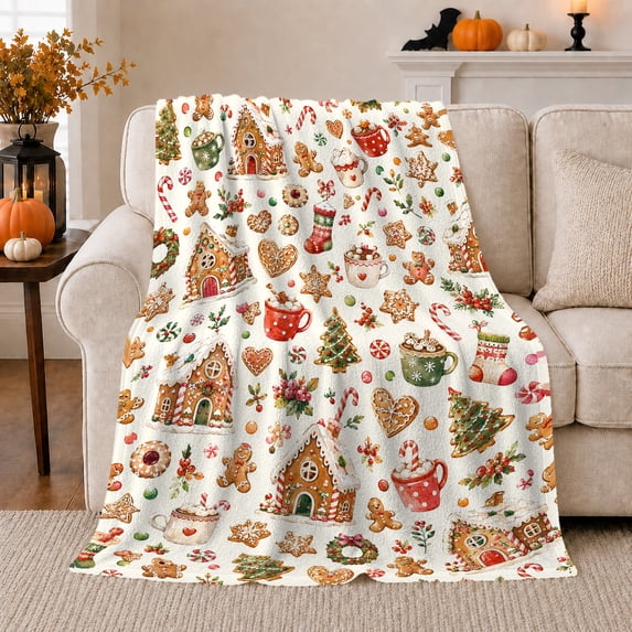 Whimsical Gingerbread House Candy Pattern Christmas, Festive Holiday Scene, Warm Flannel Blanket for Living Room and Reading Nook, Art Lovers Christmas Gift, Festive Home Decor