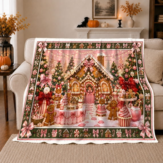 Whimsical Gingerbread House Pink Snow Scene Cheerful Storybook, Festive Gothic Scene, Warm Flannel Blanket for Home Library and Reading Nook, Art Lovers Housewarming Gift, Gothic Home Decor