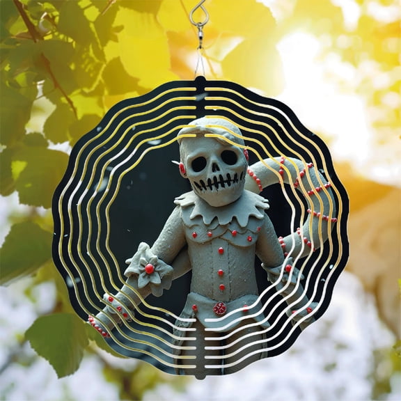 Whimsical Gingerbread Man Metal Wind Spinner - Eerie Skeleton Design with Red Buttons & Flower Perfect for Yard & Garden Decor