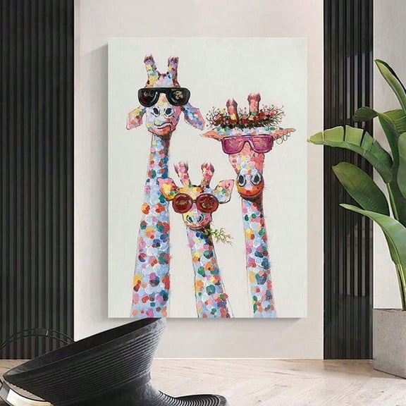 Whimsical Giraffe Family Multicolor Wall Art Poster , Poster Print Only