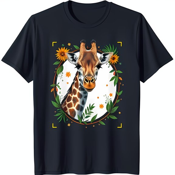 Whimsical Giraffe Graphic on Black T-Shirt Floral Wreath Design