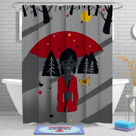 Whimsical Girl in Red Coat Shower Curtain with Moon & Stars Design